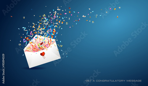 Letter of surprise on blue background. Open envelope with confetti and ribbons. Congratulations on holiday. Border design. Background for promotions and offers.
