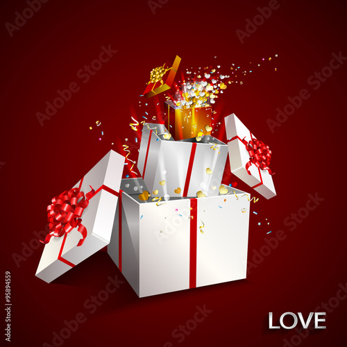 Present box inside present box on red background. Open gift with fireworks from confetti and hearts. Border design. Background for promotions and offers. Gift for Valentine's day. Festive action.