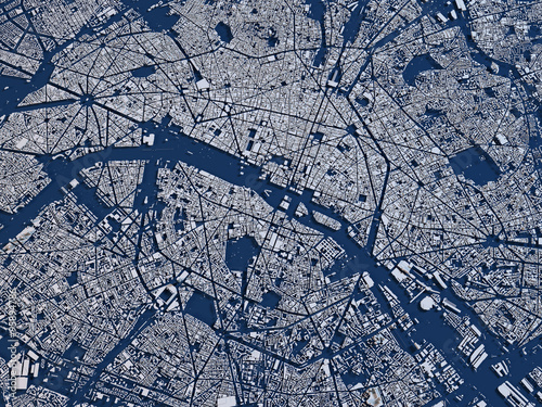 Cartina Parigi, vista satellitare, sezione 3d, strade e vie, Francia photo