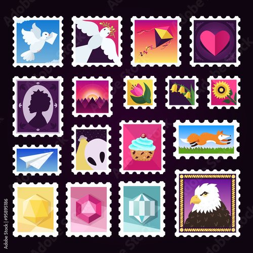 Colorful postage stamps vector set
