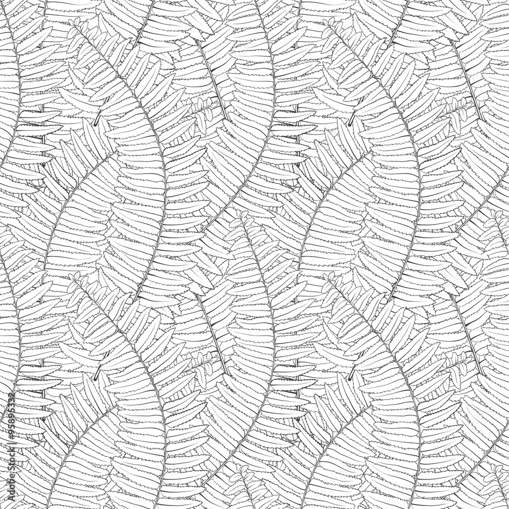 black and white seamless background with fern leaves