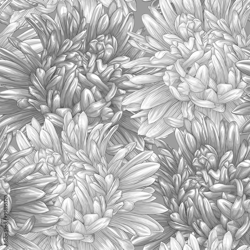 Beautiful monochrome black and white seamless background with flowers.