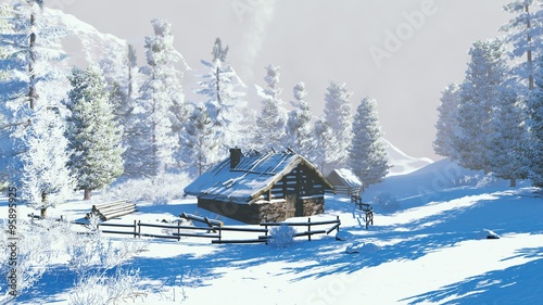 Daytime winter scenery. Cozy little cabin among snowy firs high in mountains. Decorative 3D illustration.