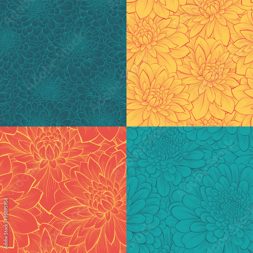 set of beautiful seamless pattern with flowers. Hand-drawn contour lines and strokes. .