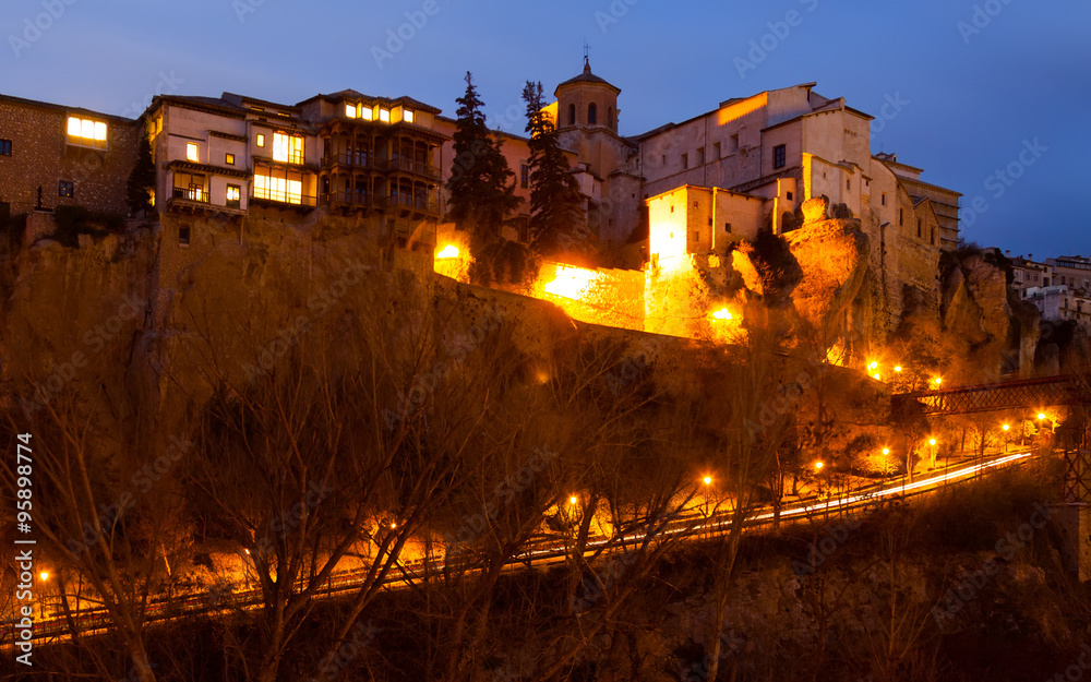 night view at Hanging Houses on rocks in Cuenca