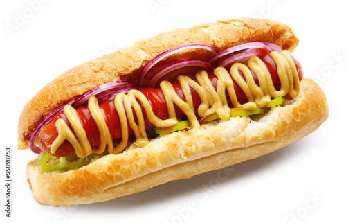 Fototapet Fresh hot dog isolated on white