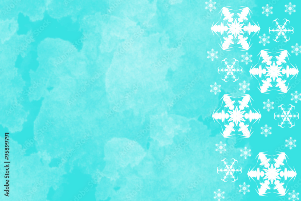 Bright blue background with white snowflakes border on right side