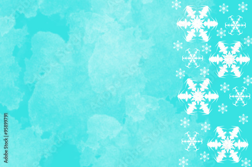 Bright blue background with white snowflakes border on right side