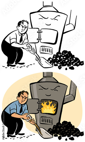 Man shoveling coal into a furnace