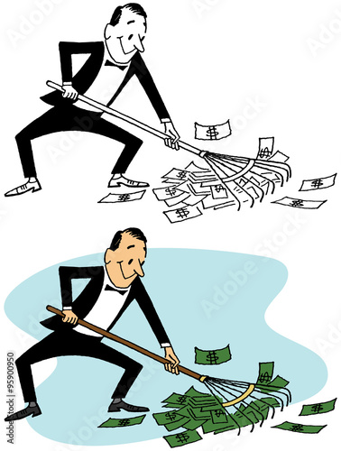 Man raking in dollar bills