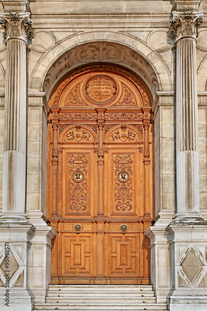 Paris City Hall, carved wooden door commemorating 1870 declaration of the republic
