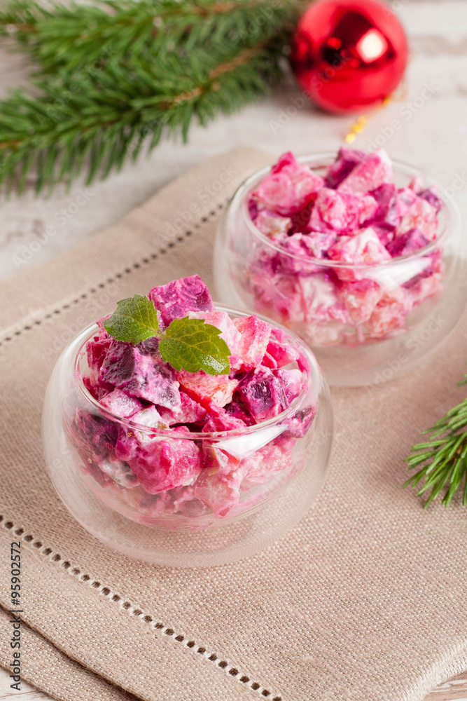 Christmas vegetable Salad in wineglass and fir branches Christmas vegetable Salad in wineglass and fir branches