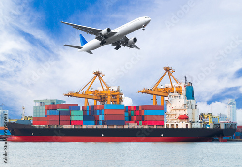 Cargo plane flying above ship port for logistic import export background