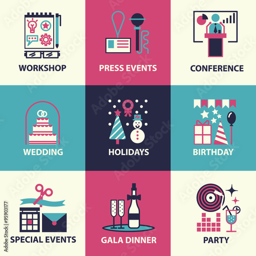 hin line and flat icons of events and special occasions organization, catering service agency, marketing agency. Flat design graphic event marketing concept, website elements.