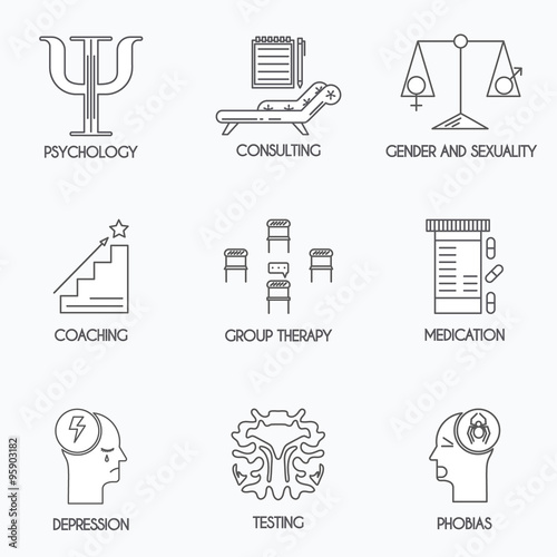 Set of 8 psychology and psychotherapy icons. Thin line design.