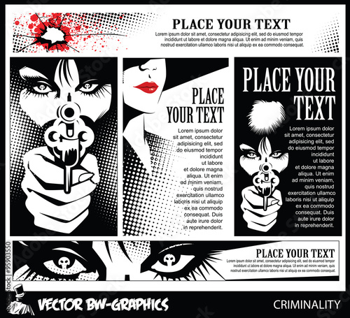 Black and white Vector banner. Girl with a gun. In the eyes of t
