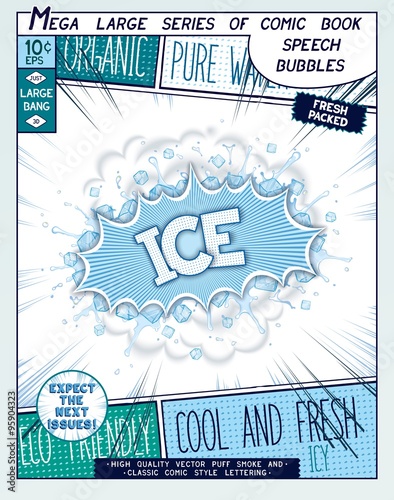 Ice. Colorful explosion with ice cubes and water splashes in comic style. Realistic pop art speech bubble