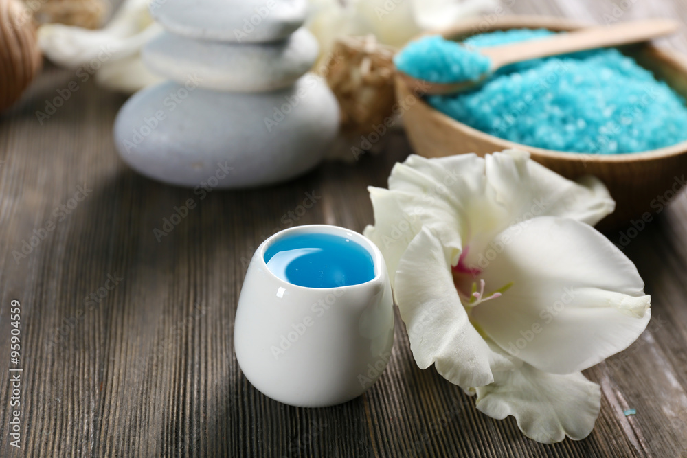 Spa set on wooden table closeup Spa set on wooden table closeup