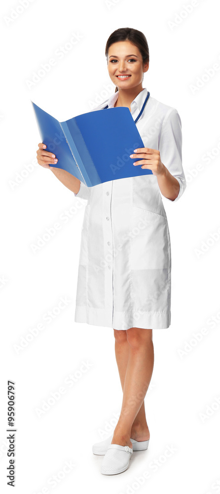 Smiling medical doctor holding a folder isolated on white Smiling medical doctor holding a folder isolated on white