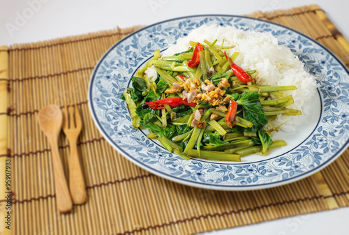 quick-fried water spinach with chili, soy sauce and rice