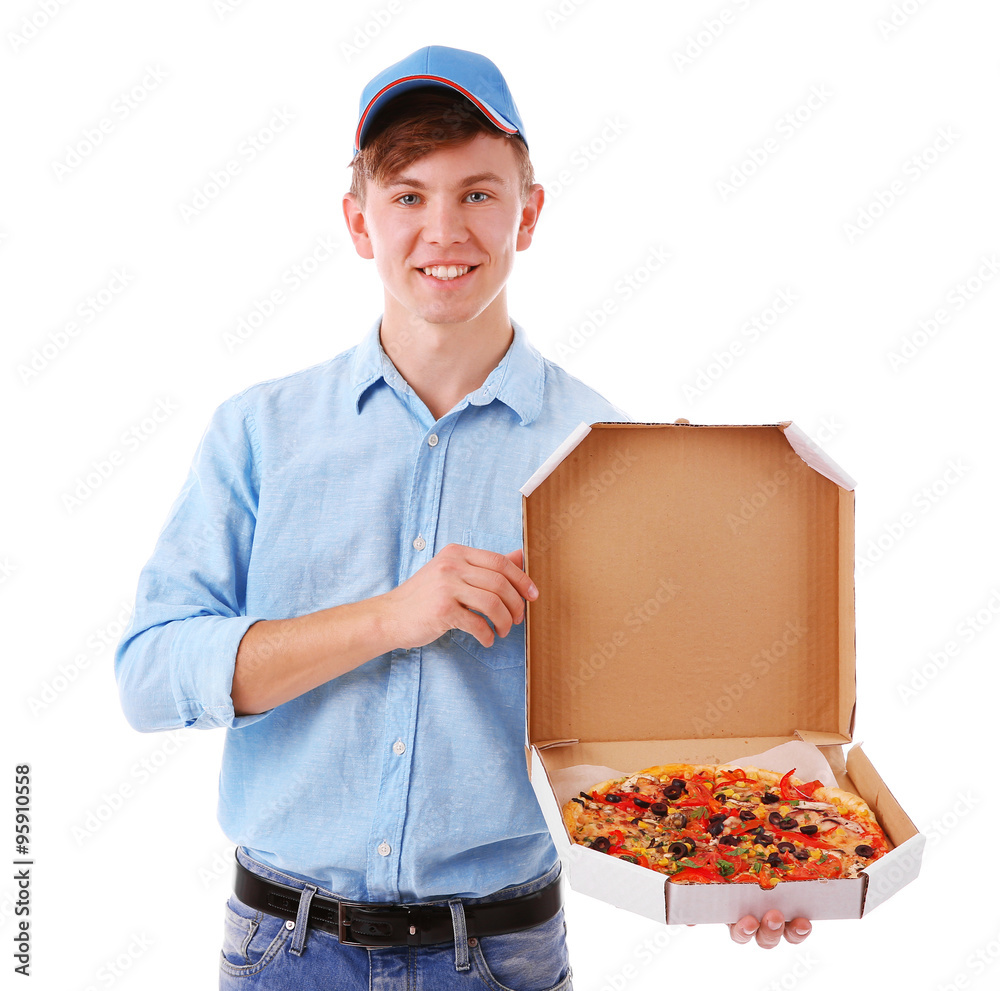 Delivery boy with cardboard pizza box isolated on white Delivery boy with cardboard pizza box isolated on white