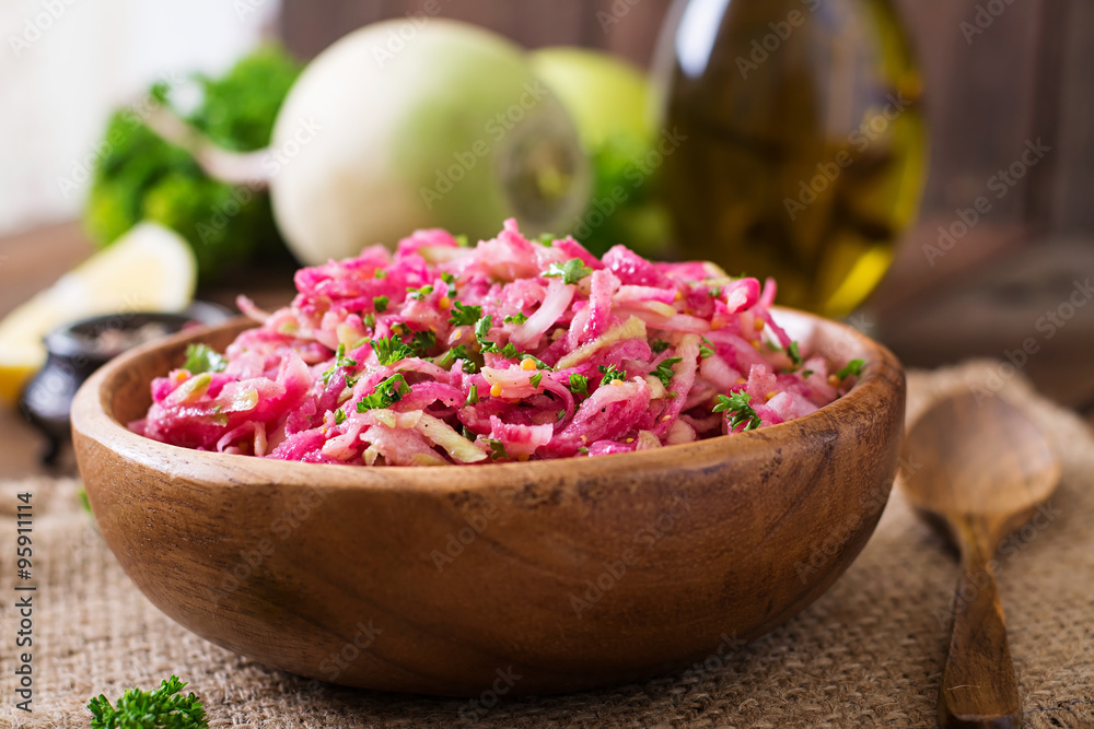 Pink daikon salad with apples, pickled onions and parsley Pink daikon salad with apples, pickled onions and parsley