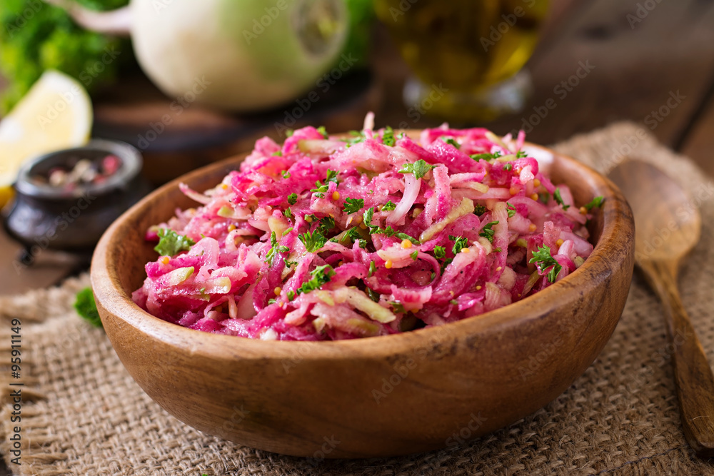 Pink daikon salad with apples, pickled onions and parsley Pink daikon salad with apples, pickled onions and parsley