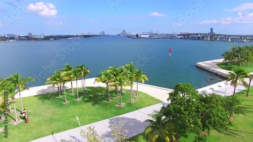 Aerial 4K video at Museum Park Downtown Miami and cruise terminals. photo