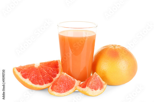 Citrus juice and fresh fruits isolated on white