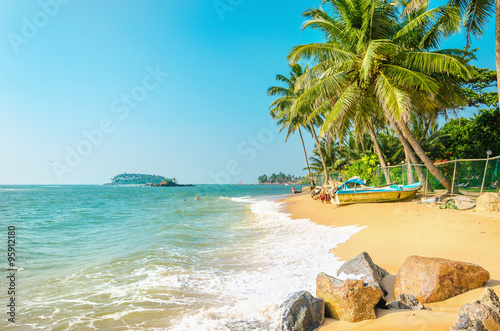 Exotic beach full of palm trees and blue sky