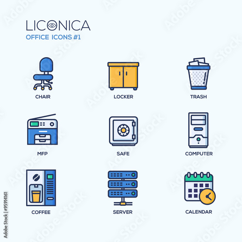 Set of modern office thin line flat design icons and pictograms. Business infographics objects, web elements