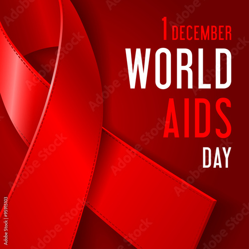 World AIDS Day concept poster with red ribbon of AIDS awareness (symbol for solidarity with HIV-positive people) and text on dark red background. 