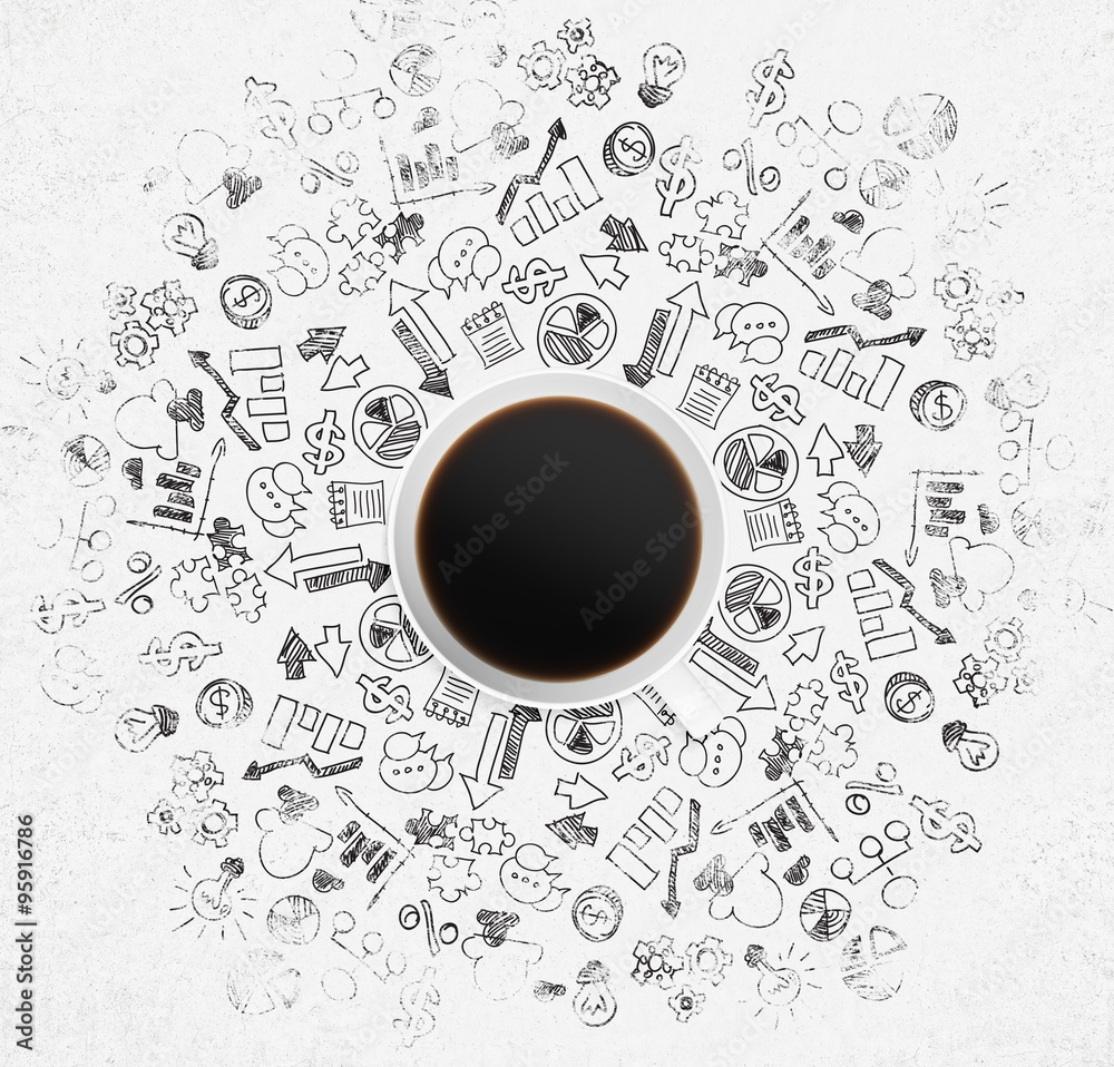 Top view of a coffee cup and a lot of business icons and charts on the white surface. Top view of a coffee cup and a lot of business icons and charts on the white surface.