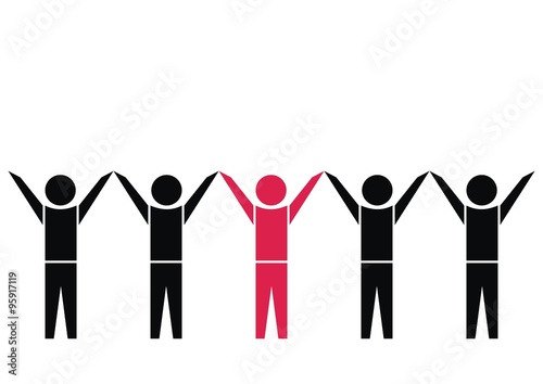 Figures, black and red vector icon. Hands up.