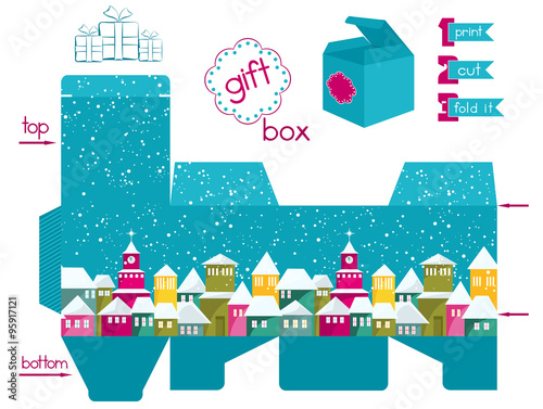Printable Gift Box With Colorful Snowcovered Town