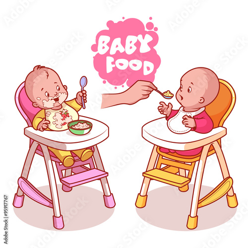 Two kids in baby highchair with plate of porridge. photo