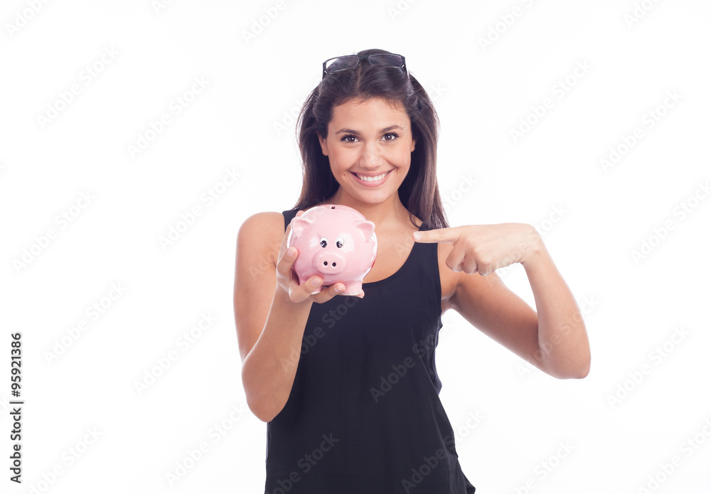 Young woman with glasses happy with piggy bank Young woman with glasses happy with piggy bank