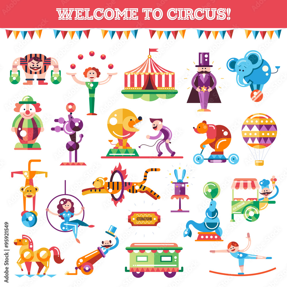 Set of modern flat design circus and carnival icons, infographics elements