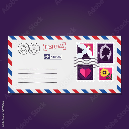 Envelope with stamps (dove, silhouette, heart and flower) vector