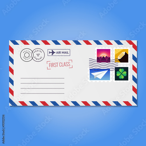 Envelope with stamps (mountains, crystal, paper airplane and clover) vector