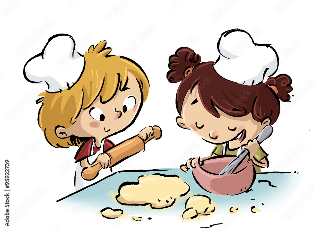niños en la cocina cocinando Stock Illustration | Adobe Stock