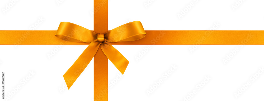 Orange Geschenkschleife und Geschenkband aus orangefarbenem Satin Panorama - Geschenk, Schleife, Band - Isoliert - weißer Hintergrund. Banner Vorlage für Grußkarten und Postkarten