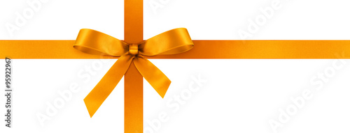 Obraz na płótnie Orange Geschenkschleife und Geschenkband aus orangefarbenem Satin Panorama - Geschenk, Schleife, Band - Isoliert - weißer Hintergrund. Banner Vorlage für Grußkarten und Postkarten w salonie