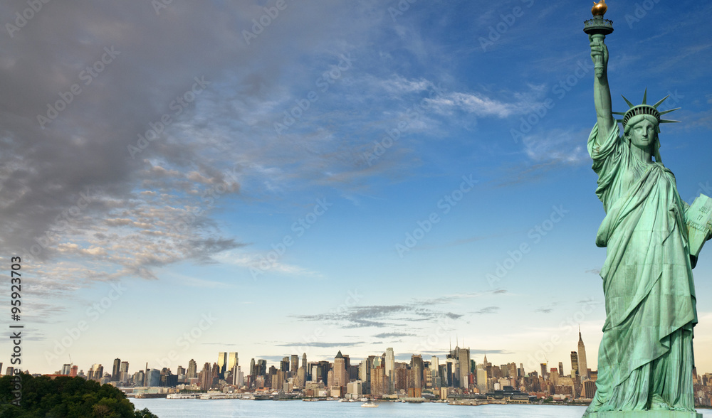 new york city cityscape skyline with statue of liberty