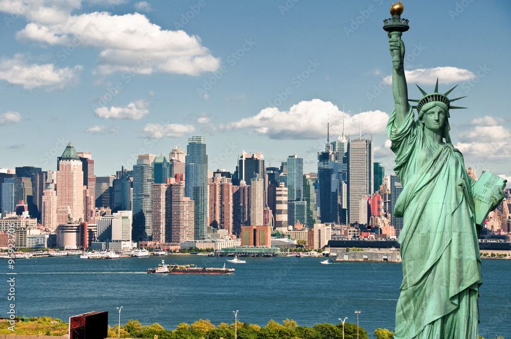 new york city cityscape skyline with statue of liberty