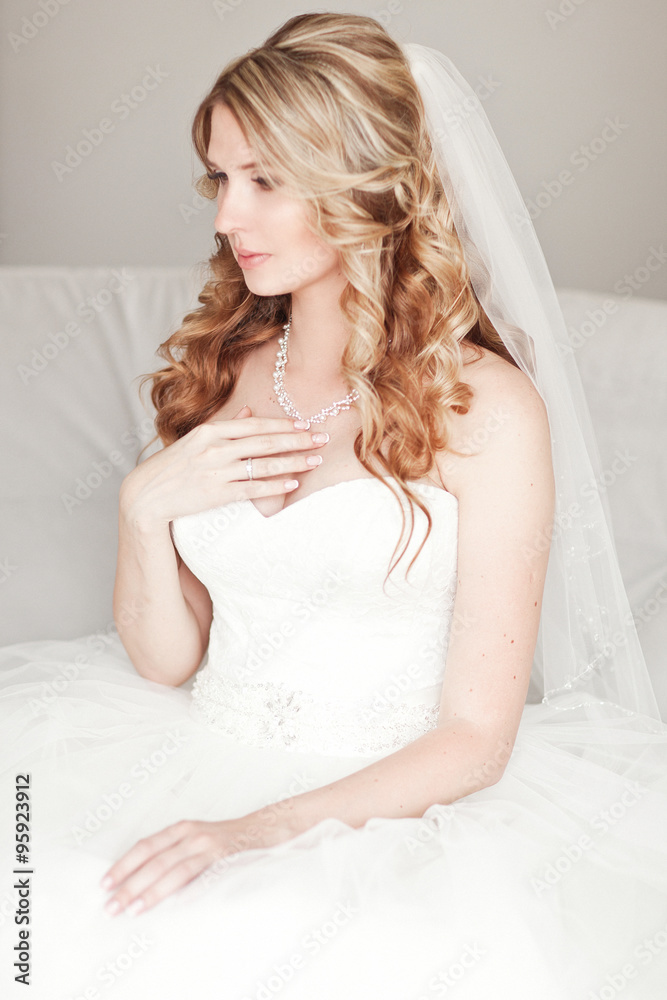 Portrait of beautiful bride. Wedding dress. Wedding decoration Portrait of beautiful bride. Wedding dress. Wedding decoration