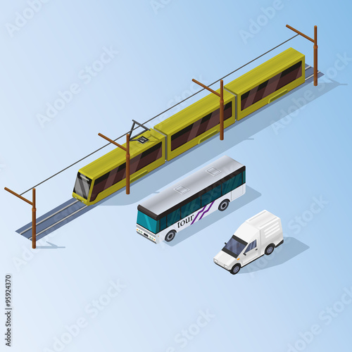 Illustration of an yellow tram, white bus and car. Modern transport icon.