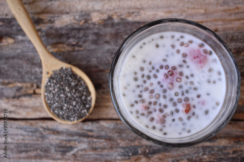 Chia seeds and milk with strawberry