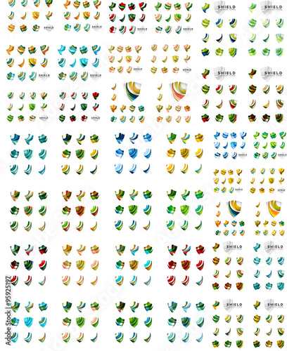 Mega set of protection shield logo concepts. Color flowing wave design icons on white