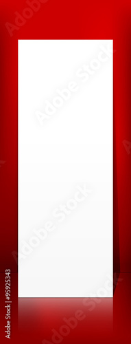 Leeres, weißes Blatt Papier, Plakat, Grußkarte - Vertikale Panorama Weihnachtskarte, Grußkarte. Einladungskarte - Blanko Vorlage mit rotem Hintergrund. Tafel ist angelehnt an der Wand. Banner.